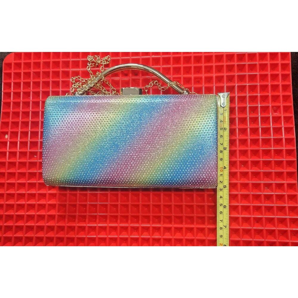 Rainbow Colored Rhinestone Clutch Purse Gold Tone Hardware - Picture 3 of 9